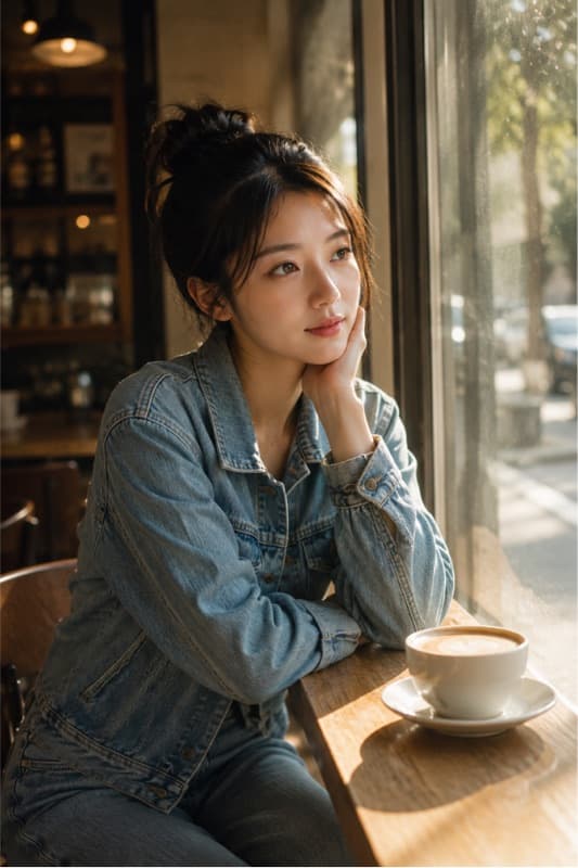 Abby by a café window